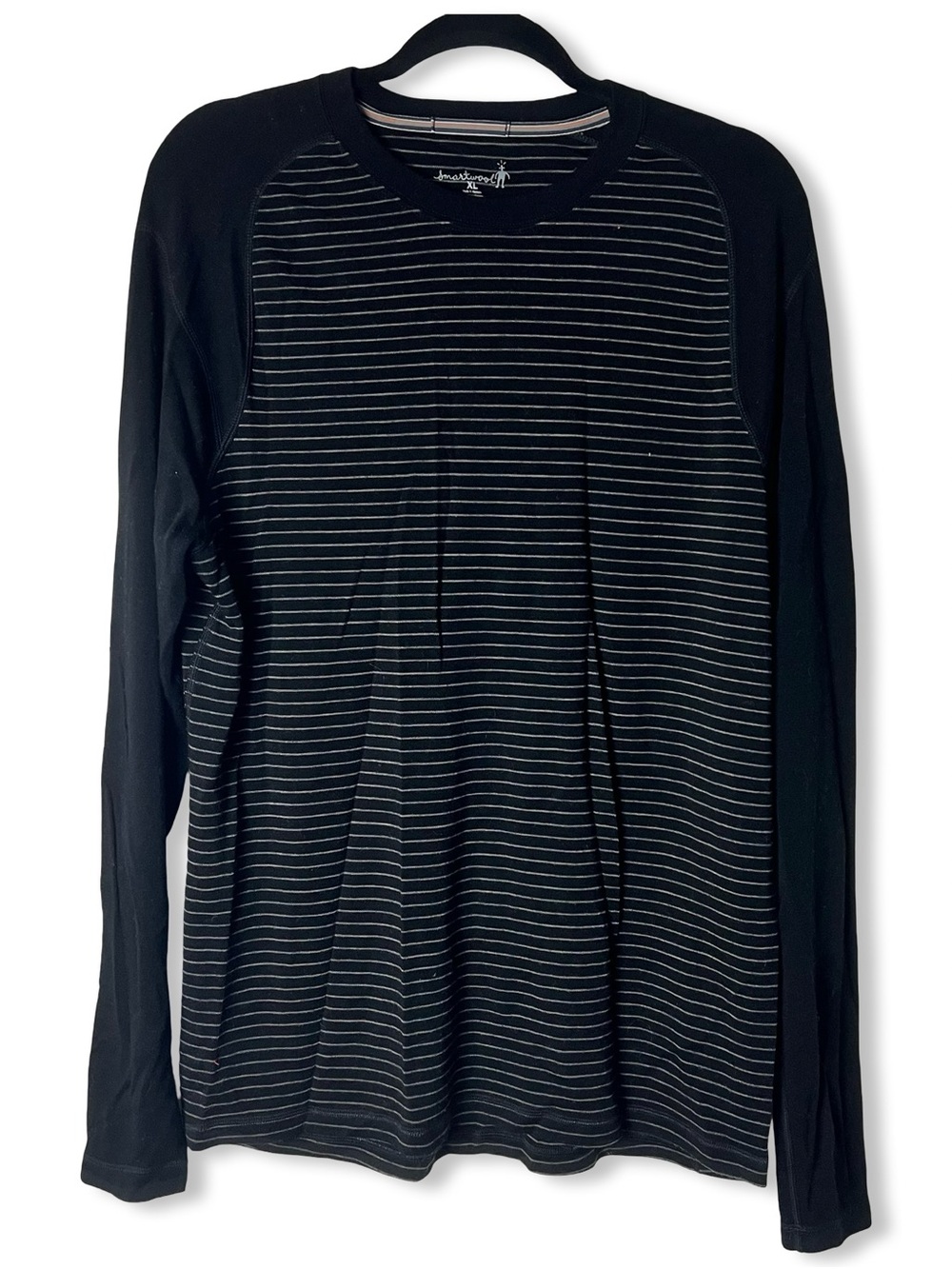 Smartwool Mens 100% Merino Wool Base Layer Crew Black Gray Stripe Raglan Sz. XL